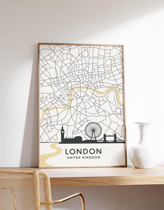 London Map Poster United Kingdom Wall Art Minimalist Landmarks Print River Thames Decor