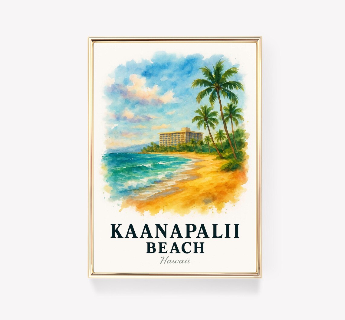Kaanapali Beach Hawaii Tropical Palm Watercolor Travel Wall Art