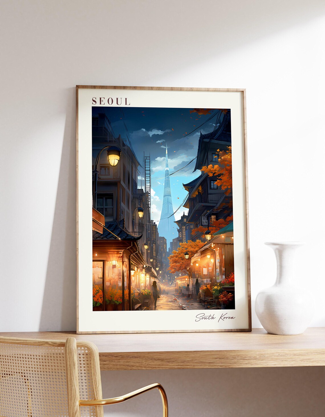 Seoul South Korea Night Alley Lanterns Tower View City Travel Poster