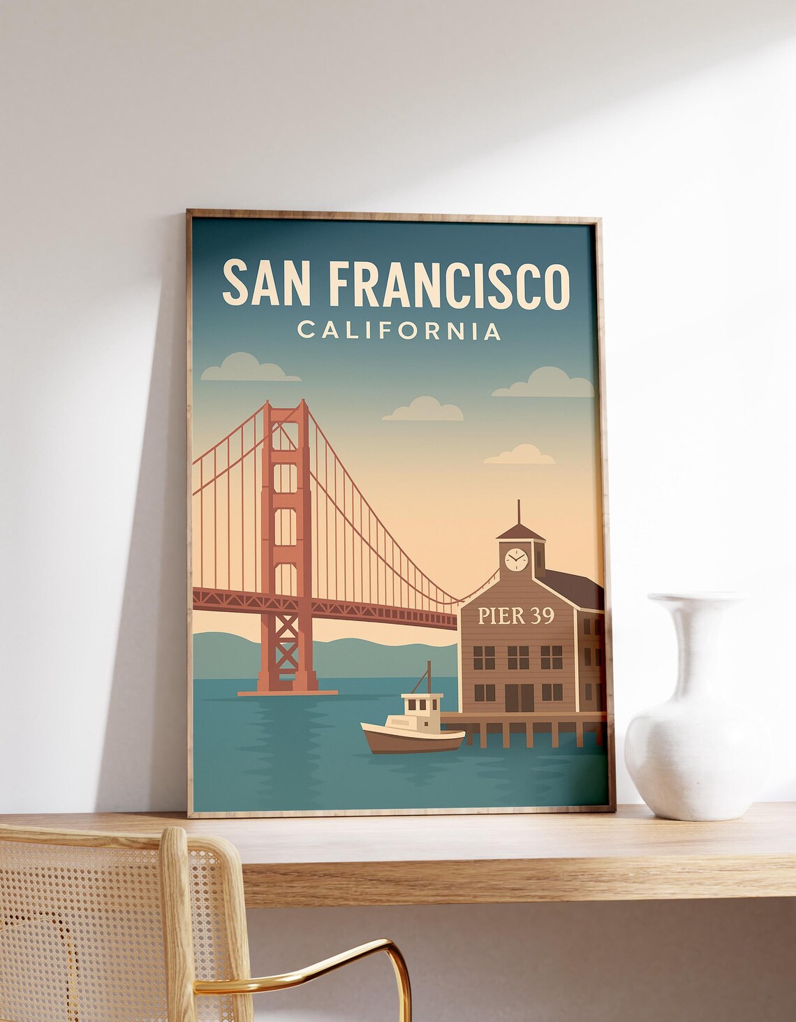 Retro San Francisco California Golden Gate Pier 39 Travel Poster