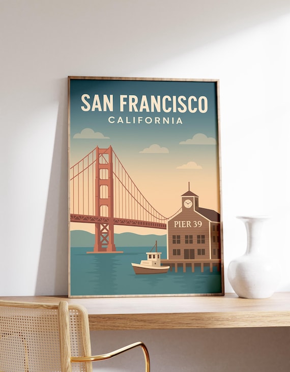 Retro San Francisco California Golden Gate Pier 39 Travel Poster