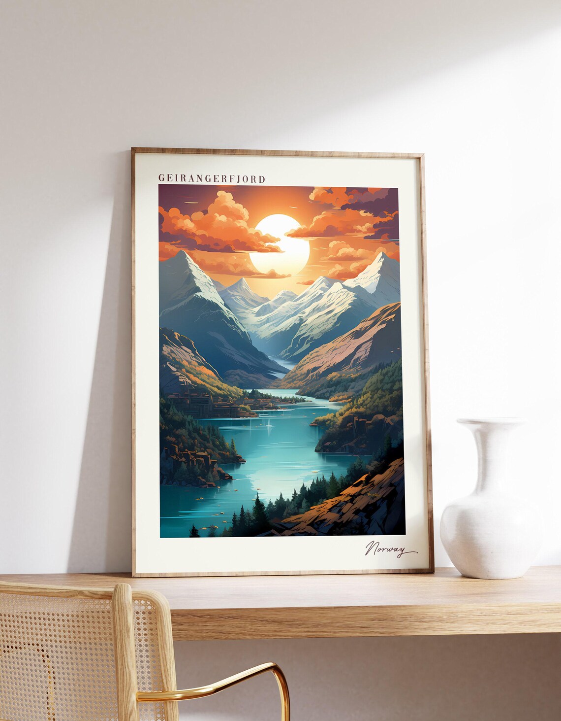 Geirangerfjord Norway Sunset Fjord Snow Mountains Turquoise Water Poster