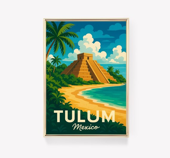 Tulum Mexico Vintage Travel Poster Mayan Pyramid Beach Scene