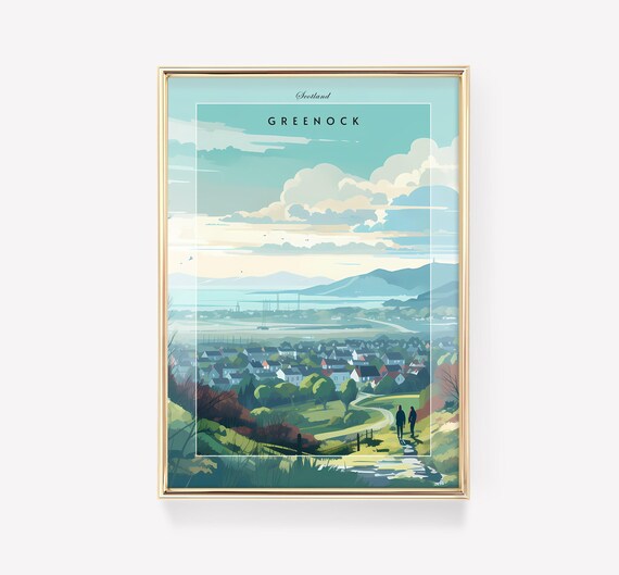 Greenock Scotland Coastal Town Hillside View Travel Art Poster