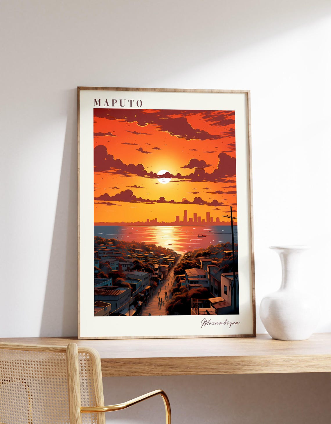 Maputo Mozambique Sunset Bay Skyline African Coast Travel Poster