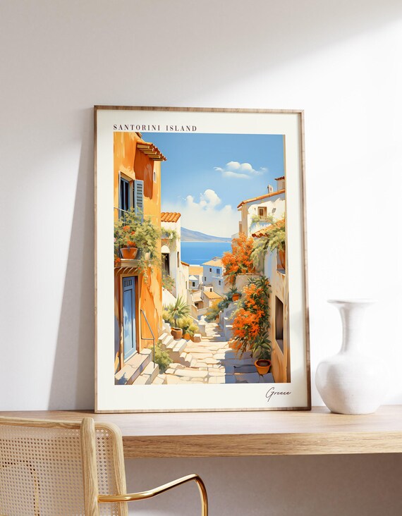 Santorini Island Greece Whitewashed Alley Bougainvillea Sea Poster