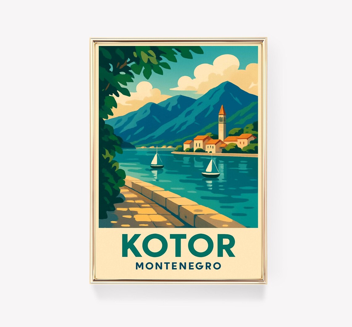Kotor Montenegro Bay Sailboats Church Tower Retro Travel Poster