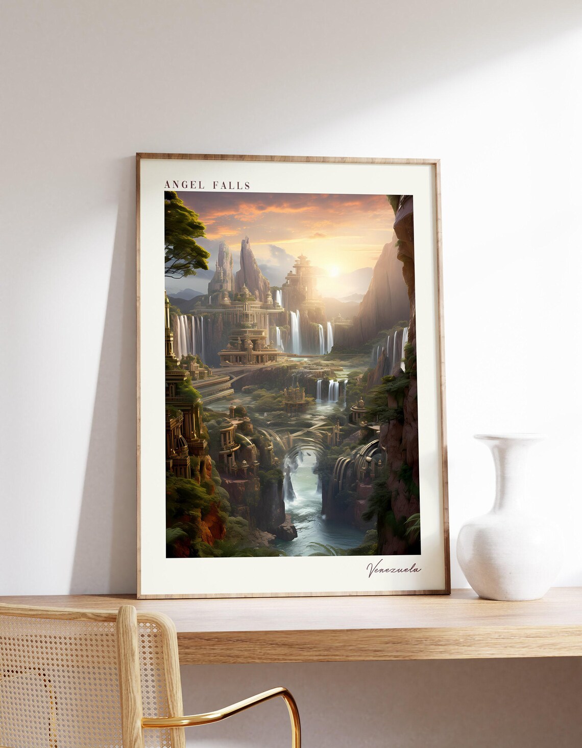 Angel Falls Venezuela Fantasy Waterfall Temple Landscape Travel Poster
