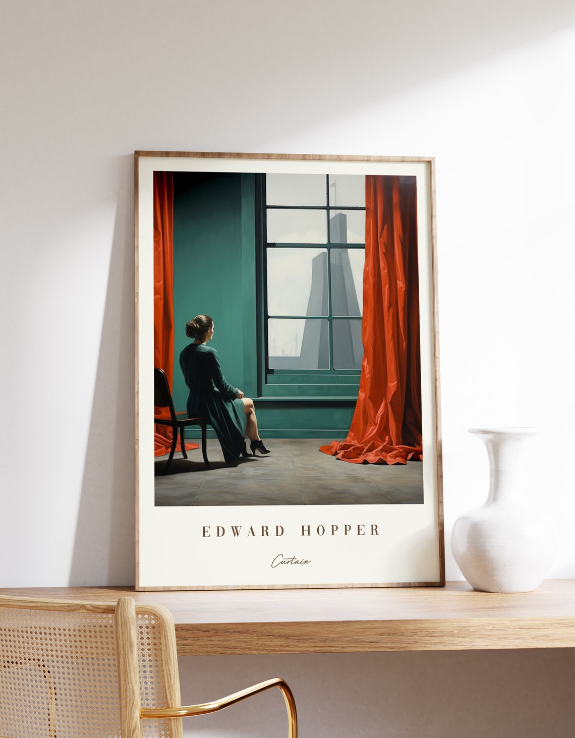 Edward Hopper Curtain Woman Red Drapes Tall Window Art Poster