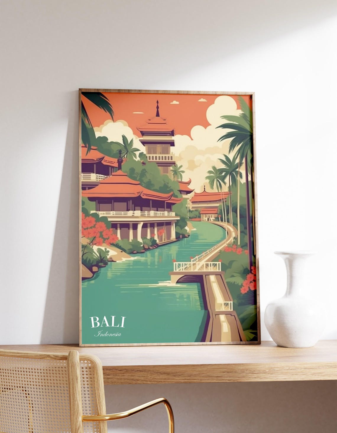 Bali Indonesia Riverside Temple Sunset Vintage Landscape Art Poster