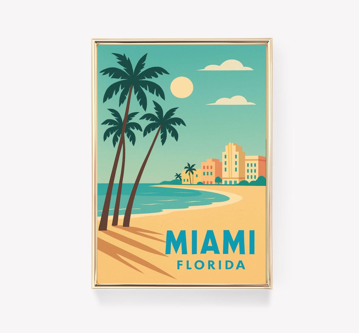 Miami Florida Art Deco Beach Palm Trees Vintage Travel Poster