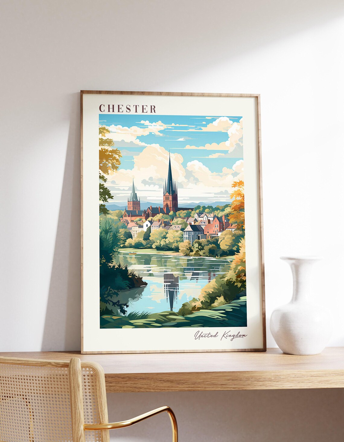 Chester United Kingdom Cathedral Spire River Reflection Travel Poster