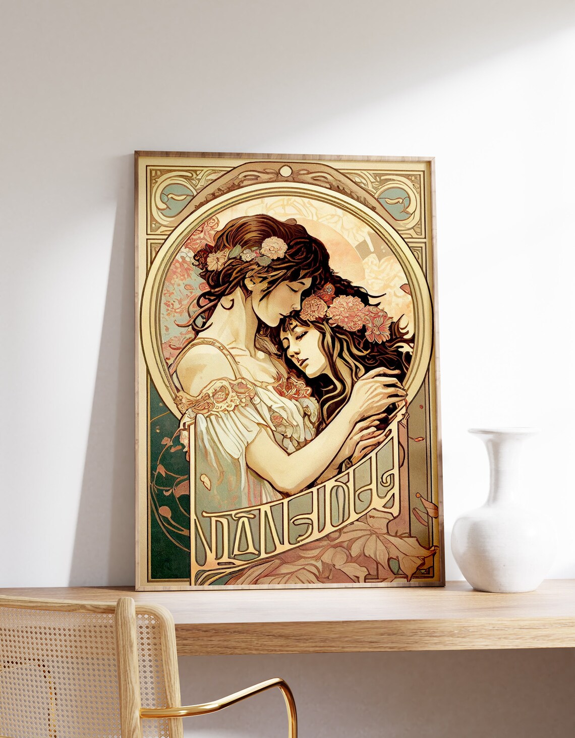 Art Nouveau Mother Daughter Embrace Floral Classic Poster Gift