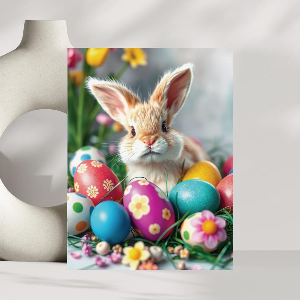 Cute Easter Bunny Colorful Painted Eggs Spring Flower Poster