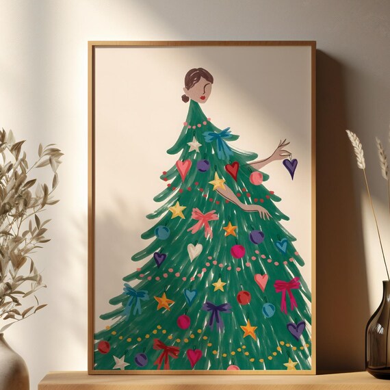 Christmas Tree Dress Woman Whimsical Holiday Illustration Poster