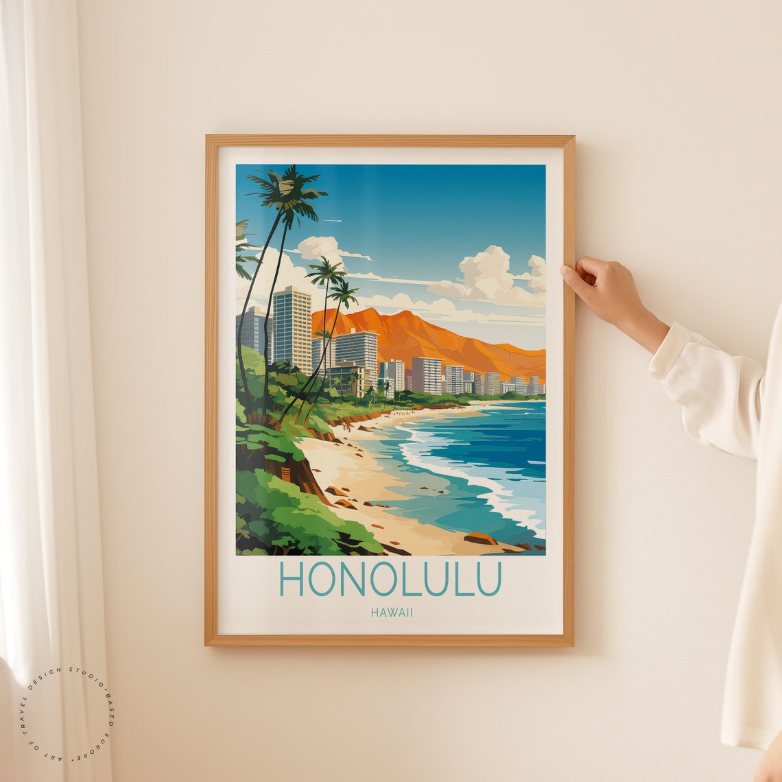 Honolulu Hawaii Waikiki Beach Palm Trees Blue Ocean Travel Poster - Image 2
