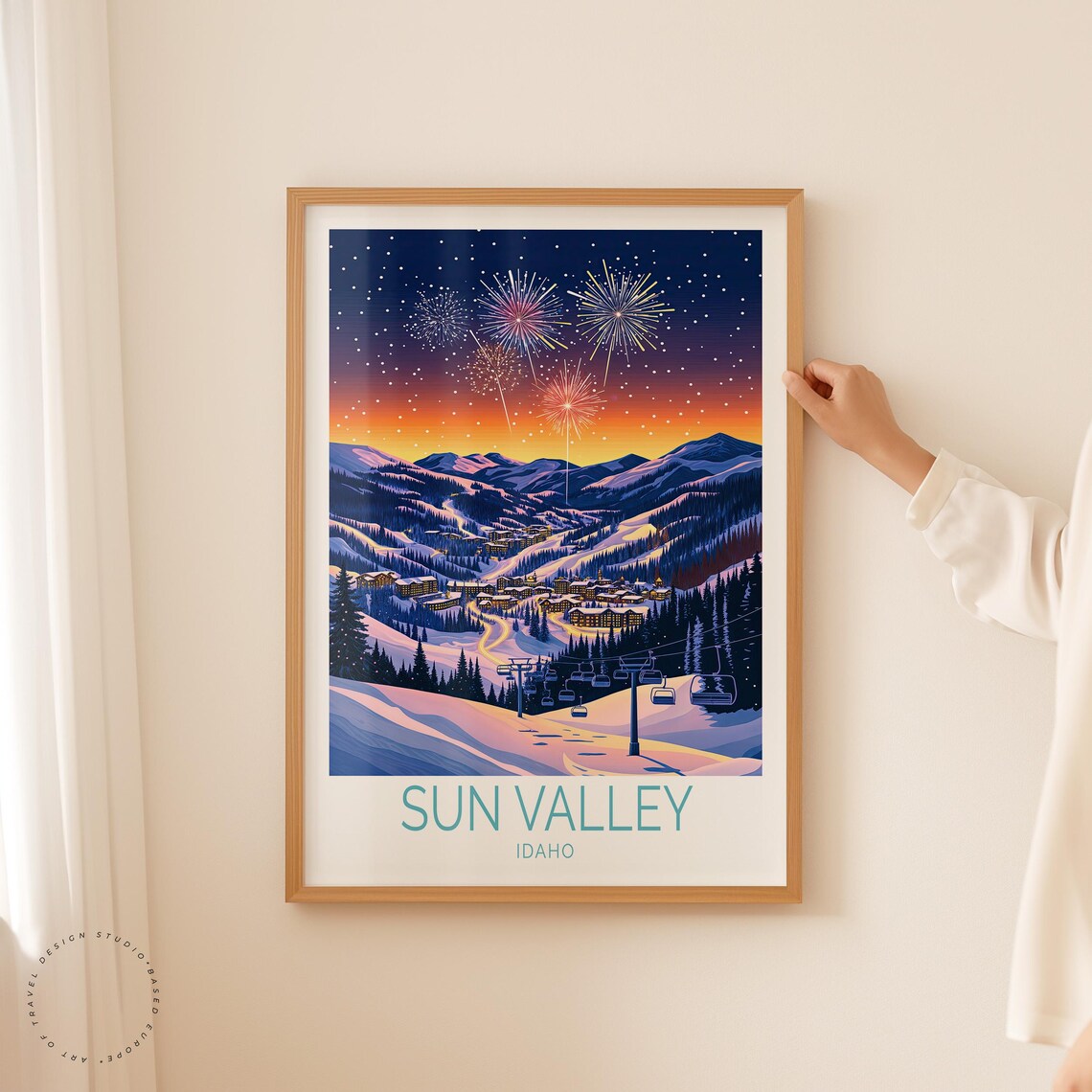 Sun Valley Idaho Fireworks Over Snowy Ski Village At Night Poster - Image 2