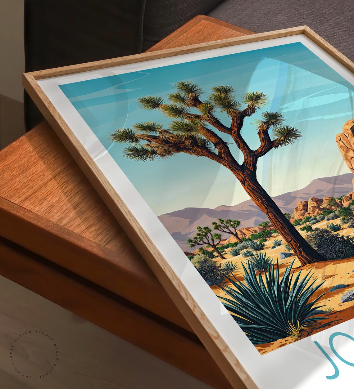 Joshua Tree Desert Scene Golden Boulders With Caption Below Poster - Image 3