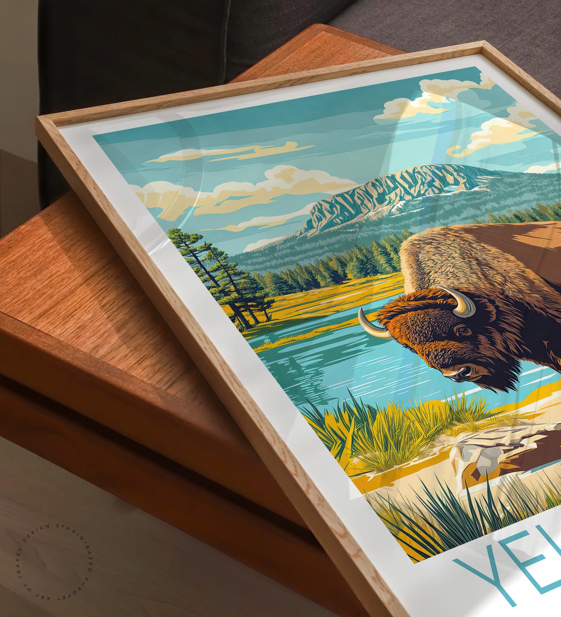 Yellowstone National Park Bison Drinking Lakeshore Bottom Title Poster - Image 3