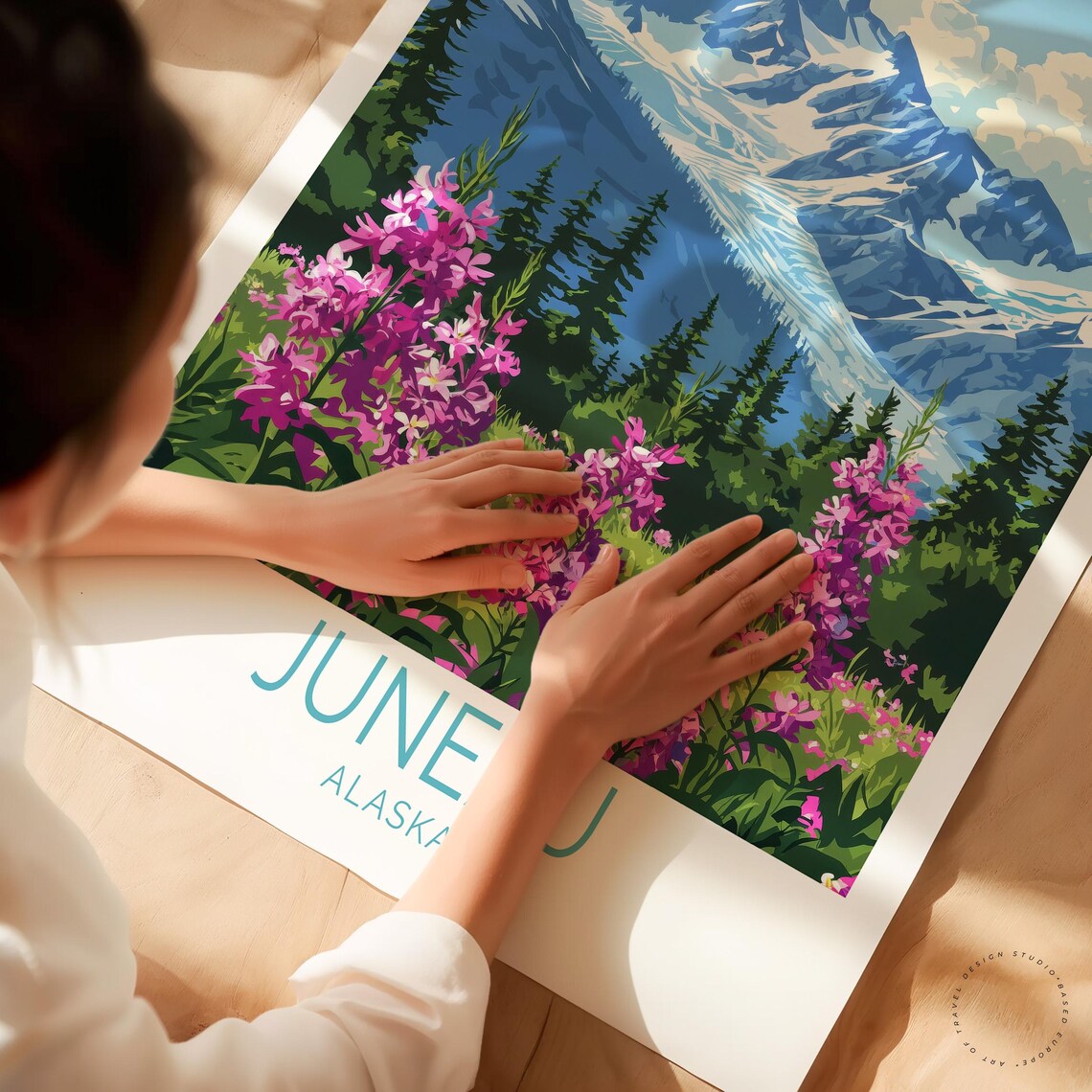 Juneau Alaska Glacier Capped Peak Pink Wildflowers Blue Sky Poster - Image 3