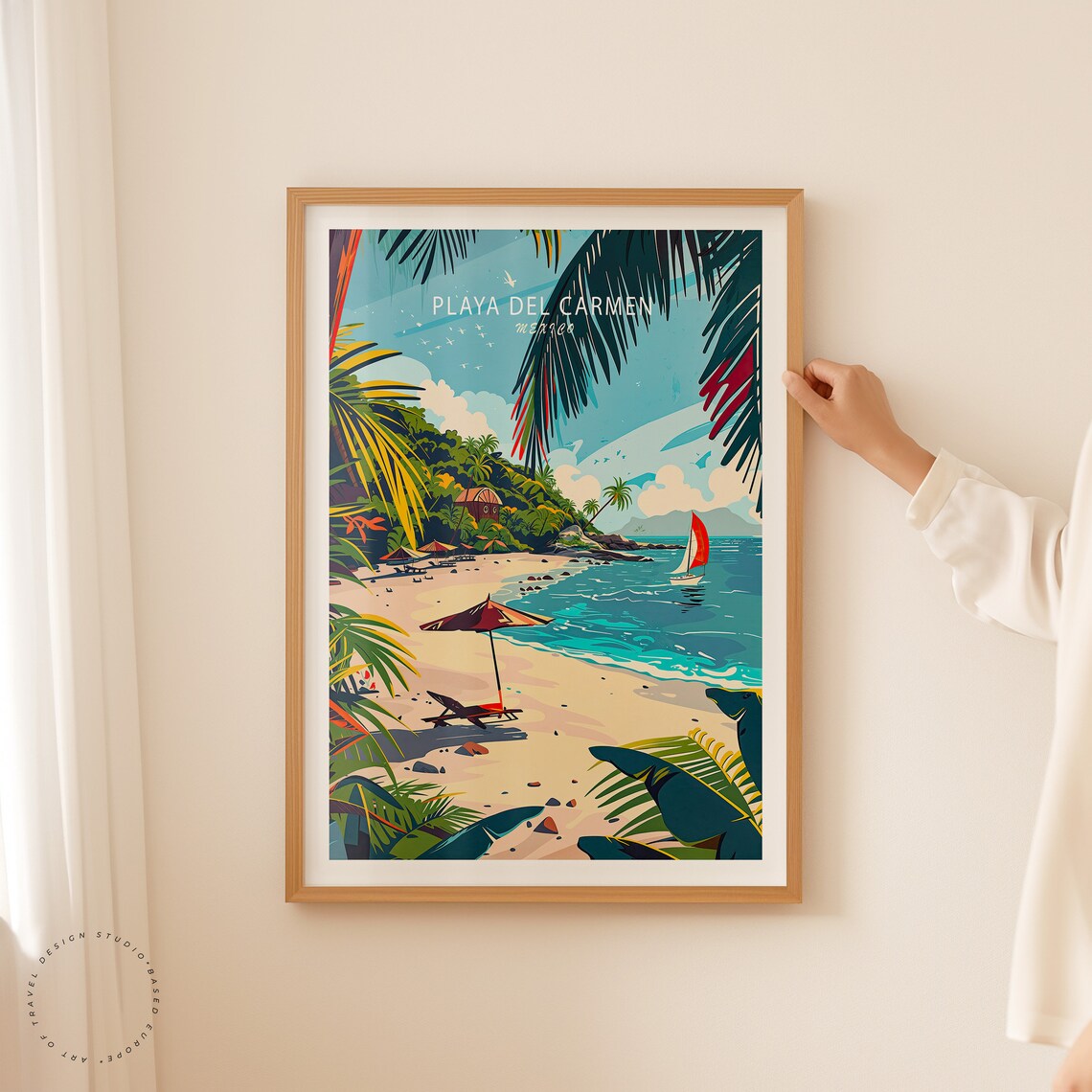 Playa del Carmen Mexico Beach Umbrella Sailboat Caribbean Poster - Image 2
