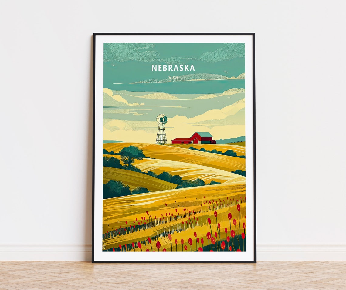 Nebraska USA Wheat Fields Windmill Red Barn Golden Harvest Wall Art