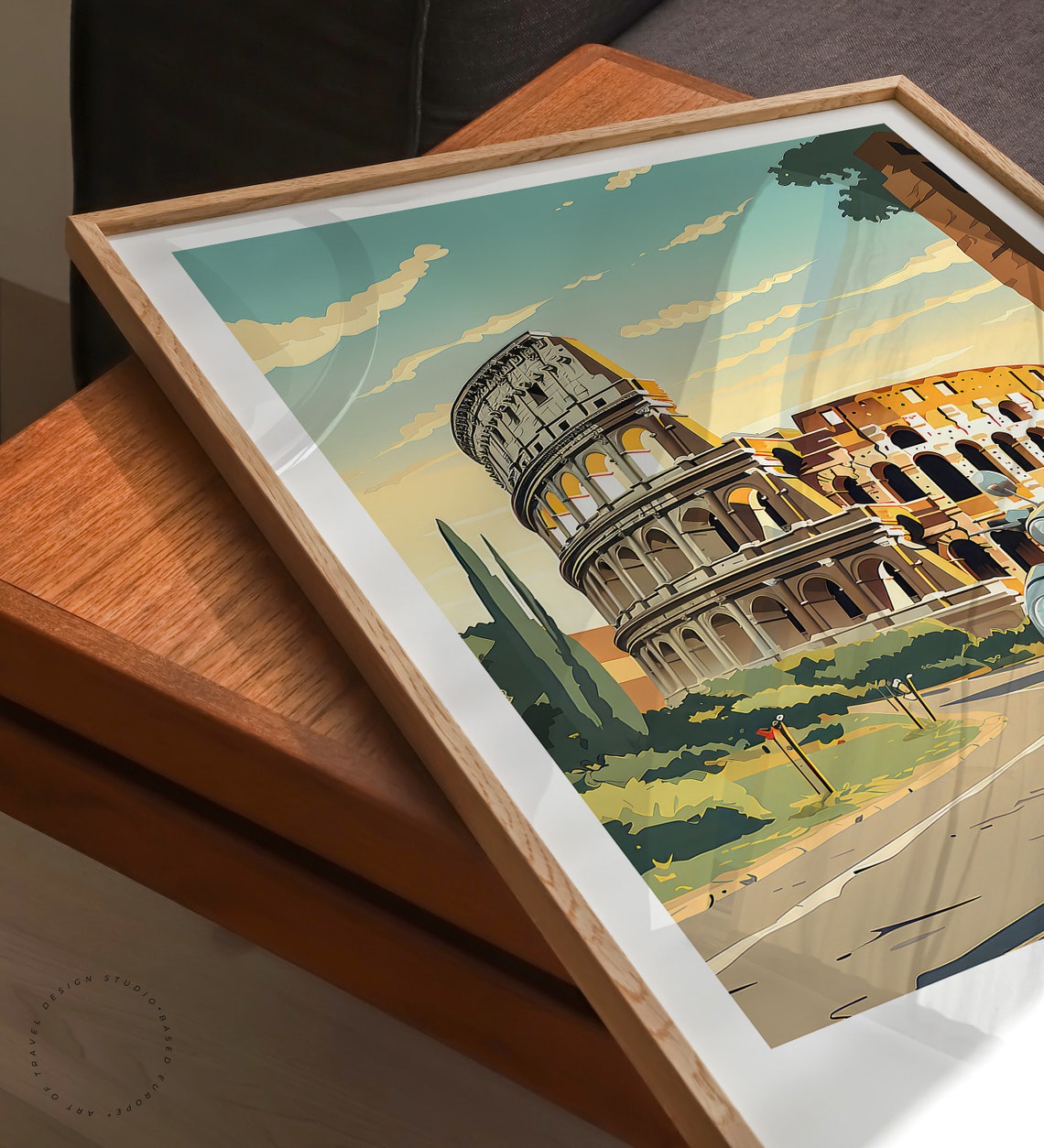 Rome Italy Colosseum with a Classic Blue Vespa Scooter in Front Poster - Image 3