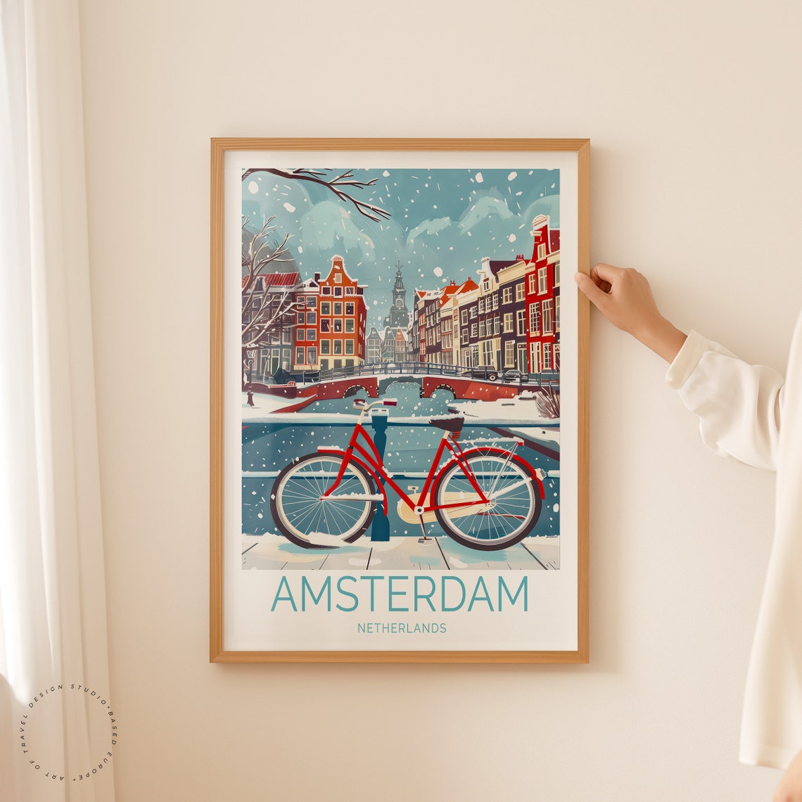 Amsterdam Netherlands Red Bicycle in Falling Snow by the Canal Poster - Image 2