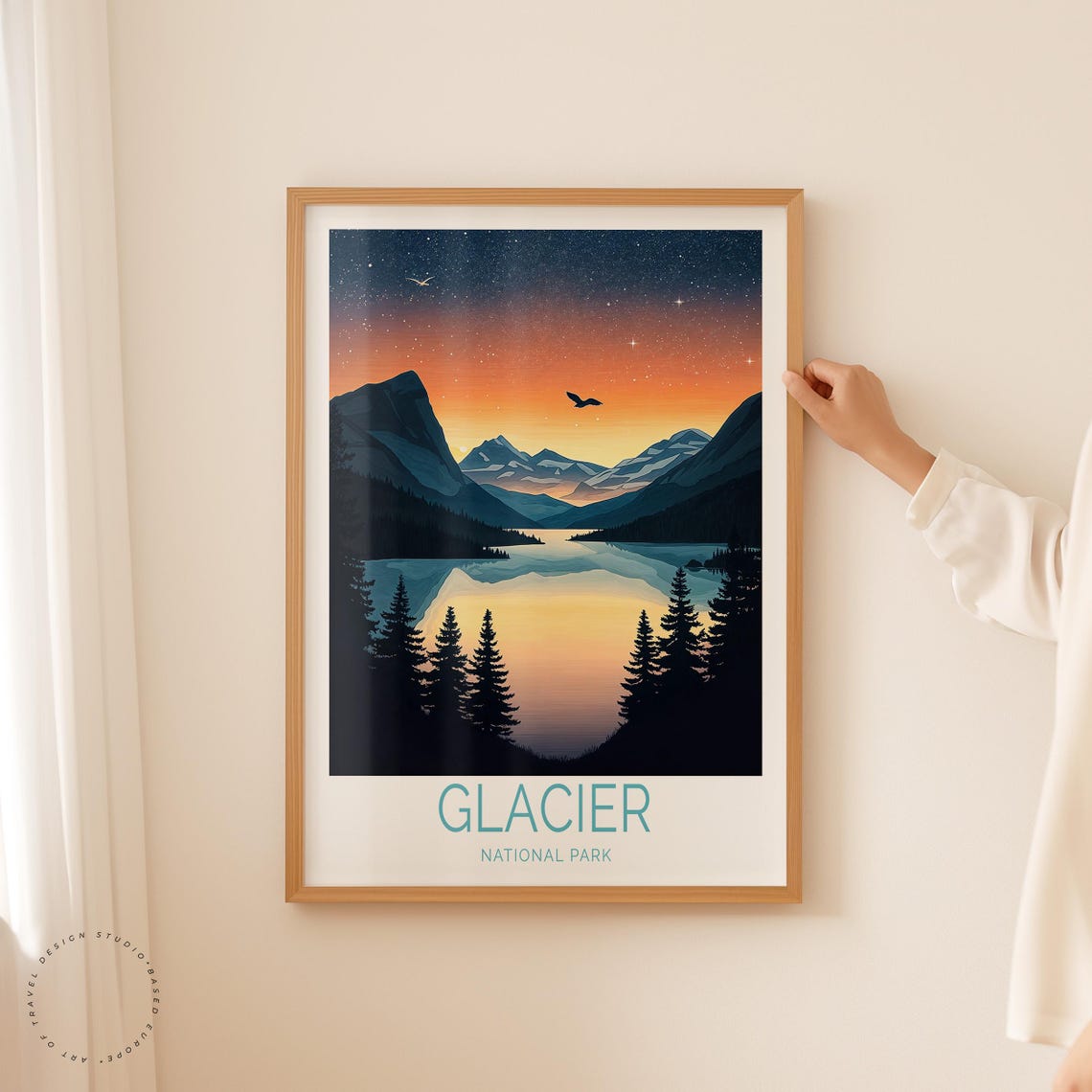 Glacier National Park Night Sky Lake Reflection in White Border Poster - Image 2