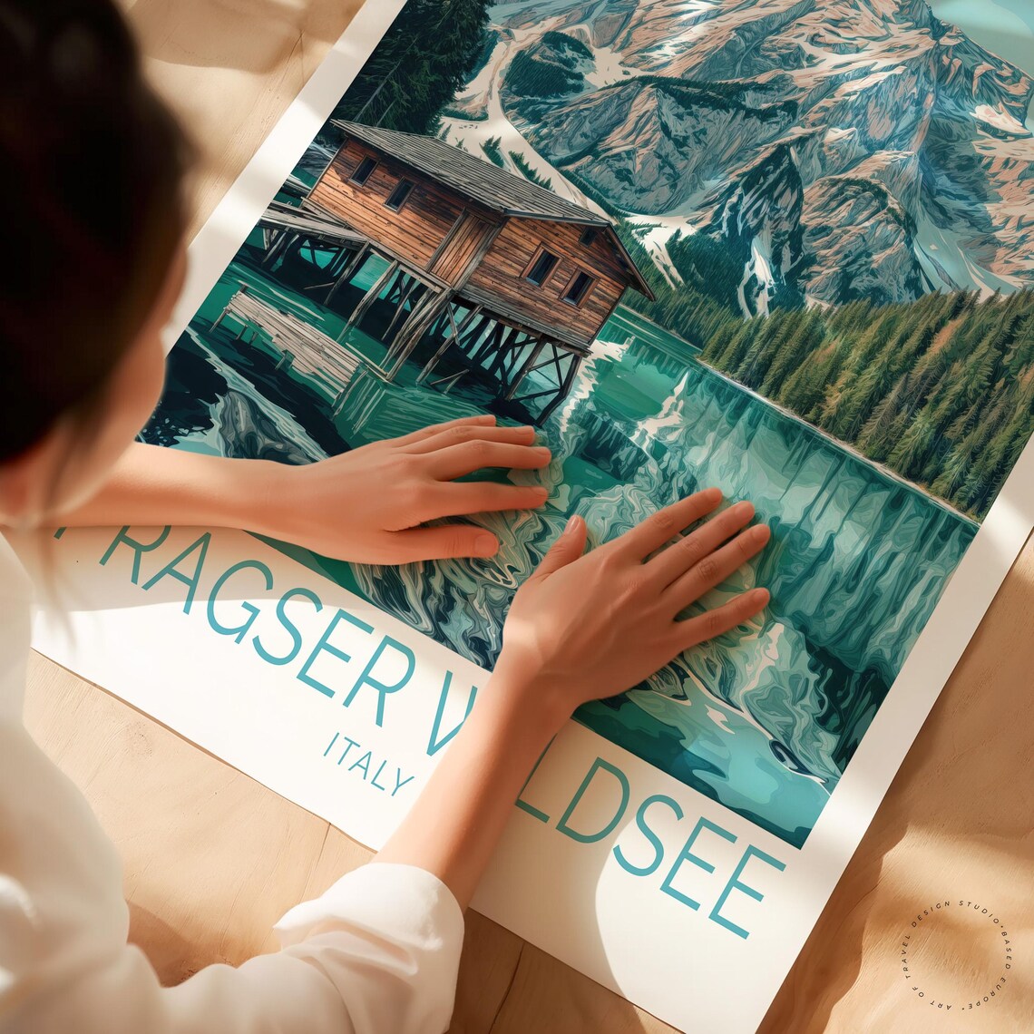 Pragser Wildsee Italy Boathouse Snowy Peak Vintage Travel Poster - Image 3