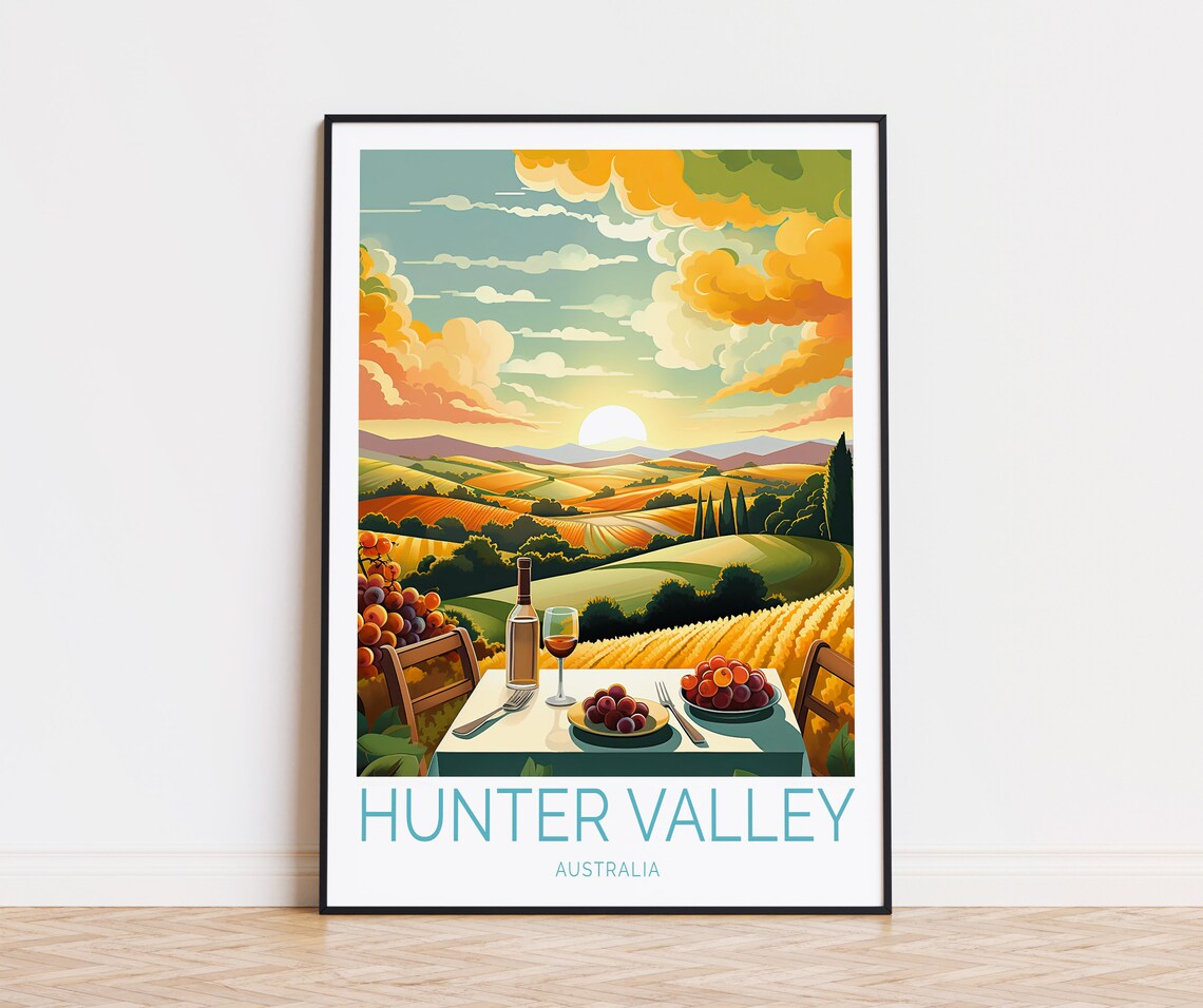 Hunter Valley Australia Travel Poster, Sunset Wall Decor