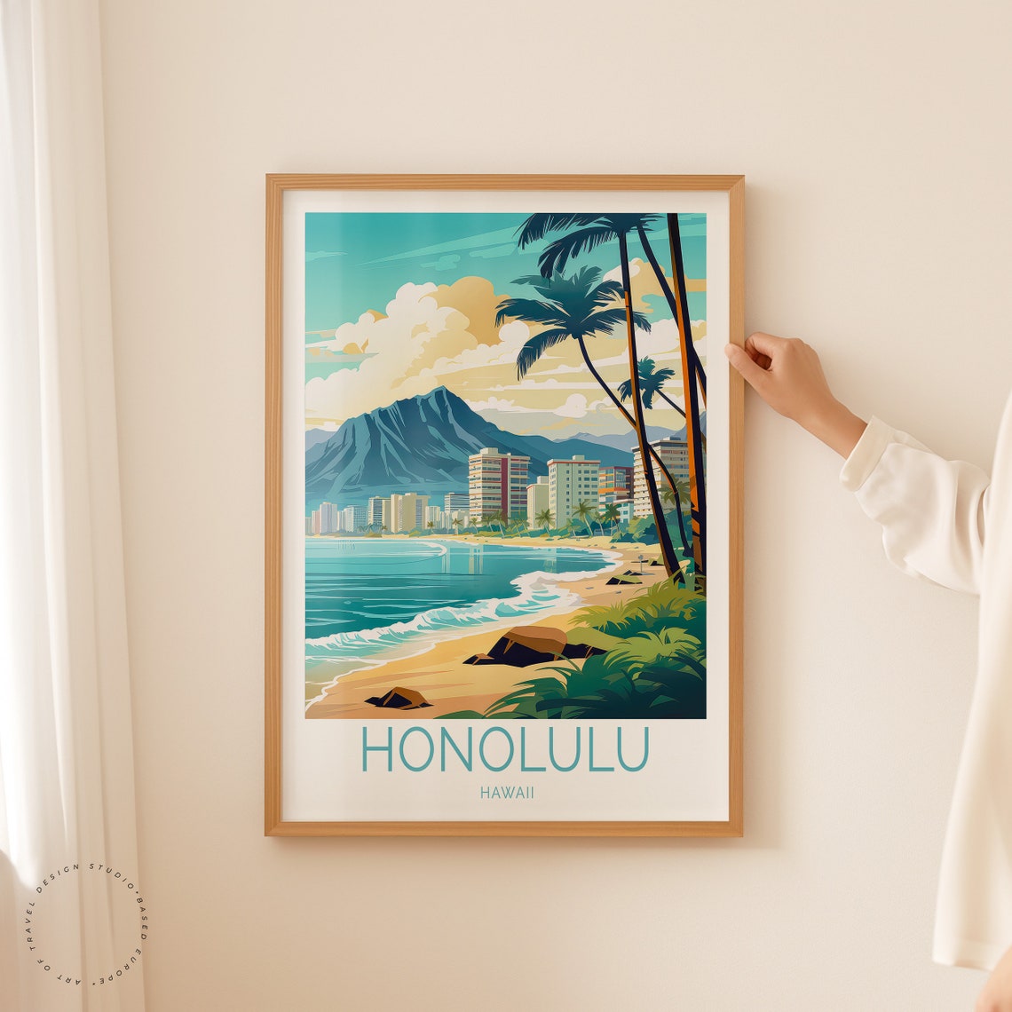 Honolulu Hawaii Waikiki Beach Diamond Head Palm Travel Poster - Image 2