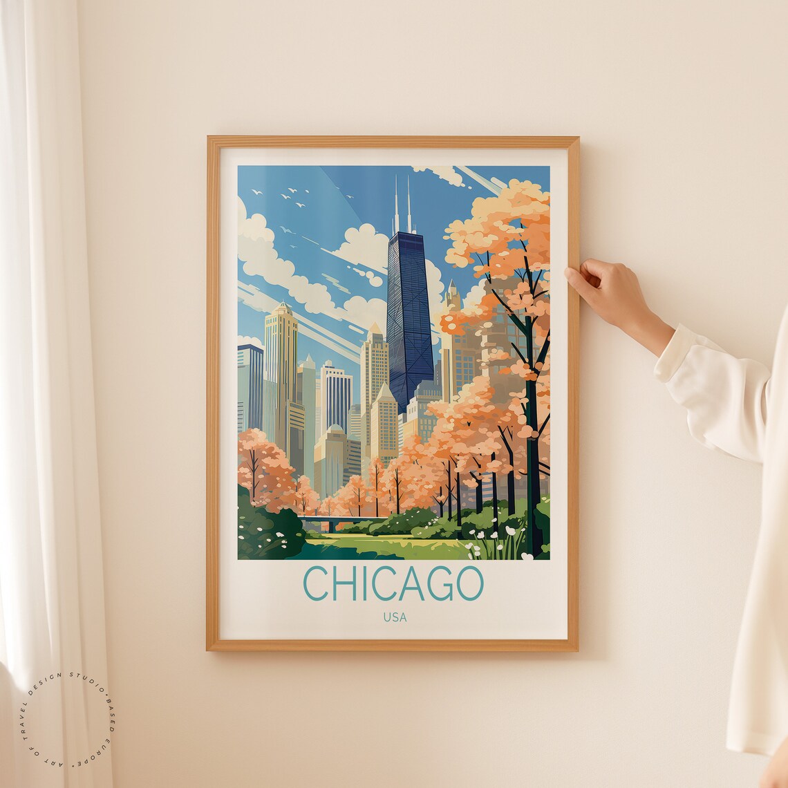 Chicago Skyline Spring Blossom Park Cityscape Vintage Travel Poster - Image 2