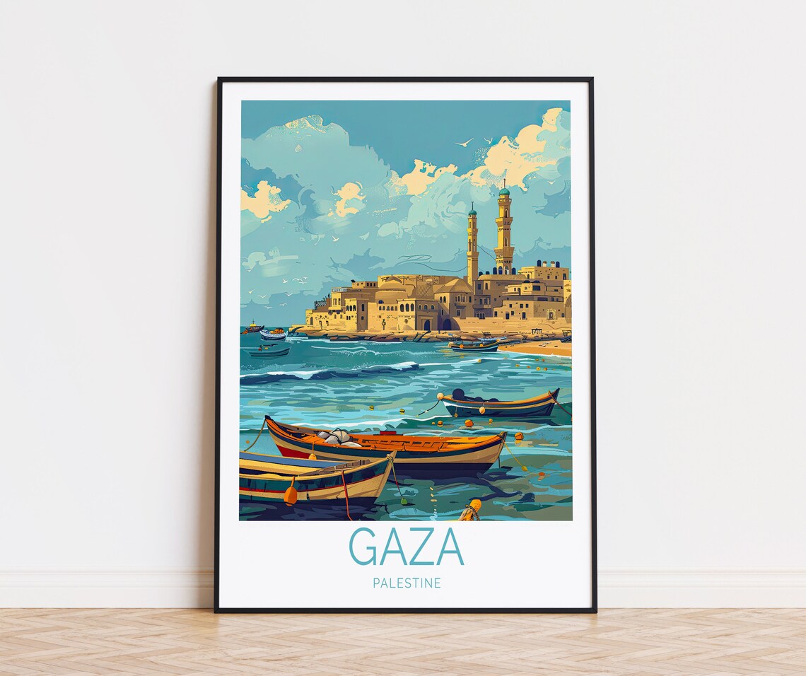 Gaza Palestine Harbor Minarets Colorful Boats Sea Scenic Travel Poster