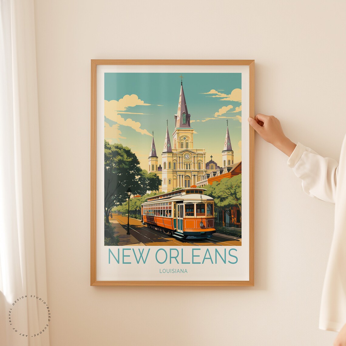 New Orleans Louisiana Cathedral Streetcar Vintage Travel Poster - Image 2