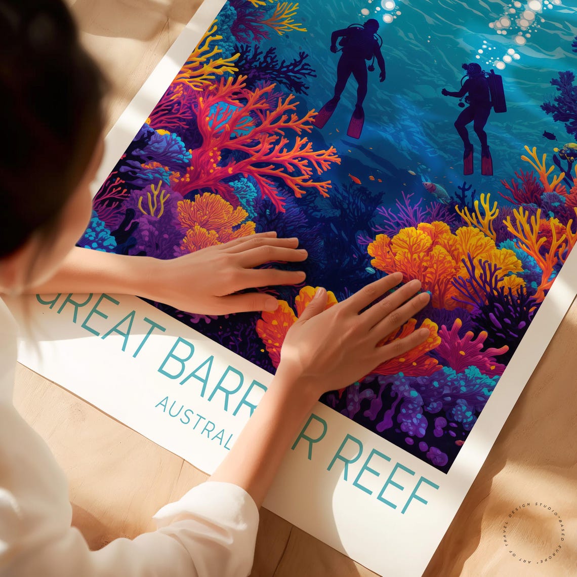 Great Barrier Reef Australia Divers Silhouette Coral Travel Poster - Image 3