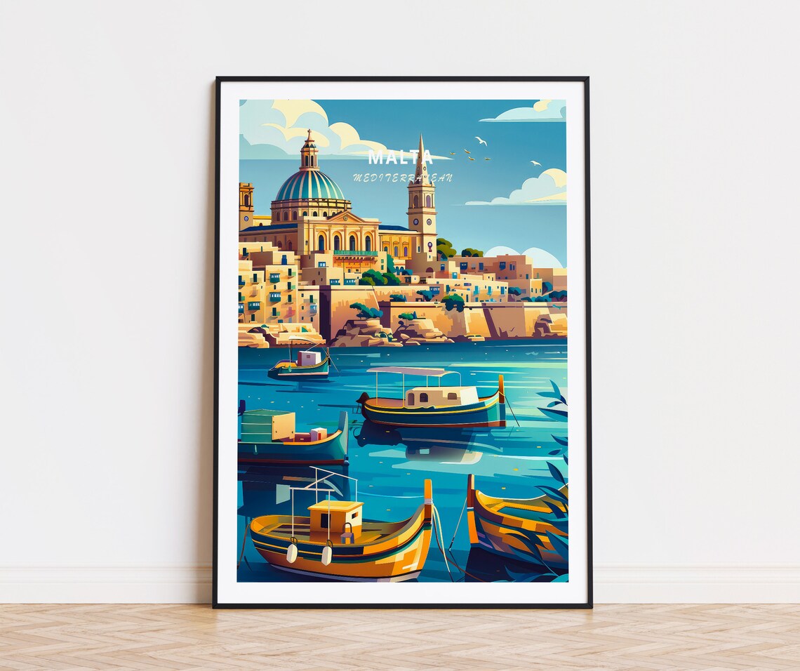 Malta Mediterranean Harbor Colorful Boats Cathedral Dome Coast Poster