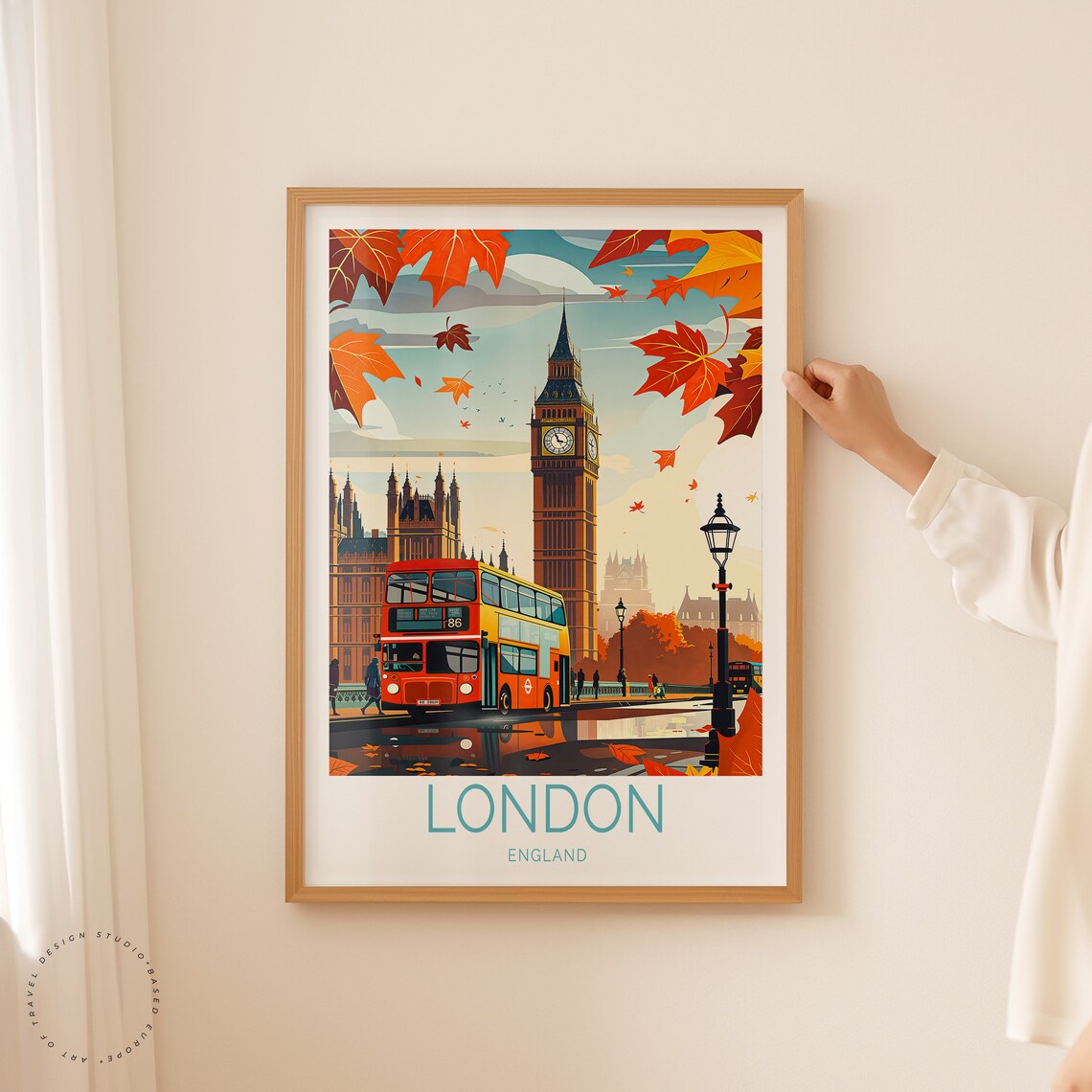 London England Big Ben Red Bus Autumn Fall Vintage Travel Poster - Image 2