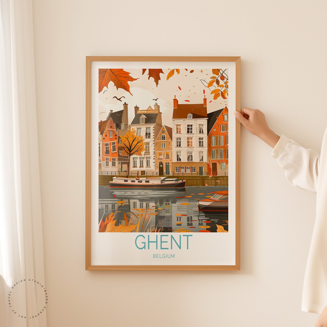 Ghent Belgium Old Town Canal with Falling Autumn Leaves Poster - Image 2