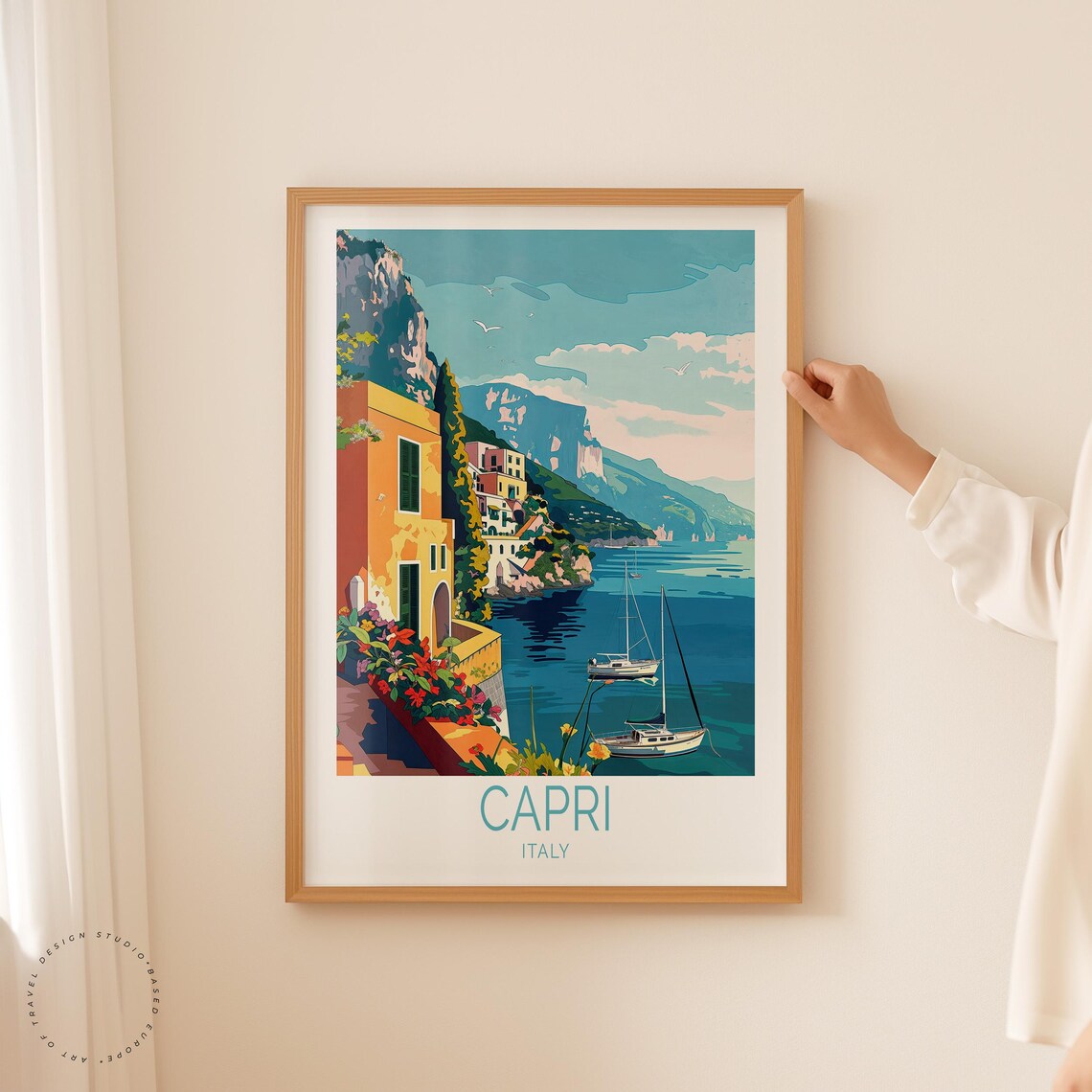 Capri Italy Cliffside Villa Flowers Sailboats Blue Sea Poster - Image 5