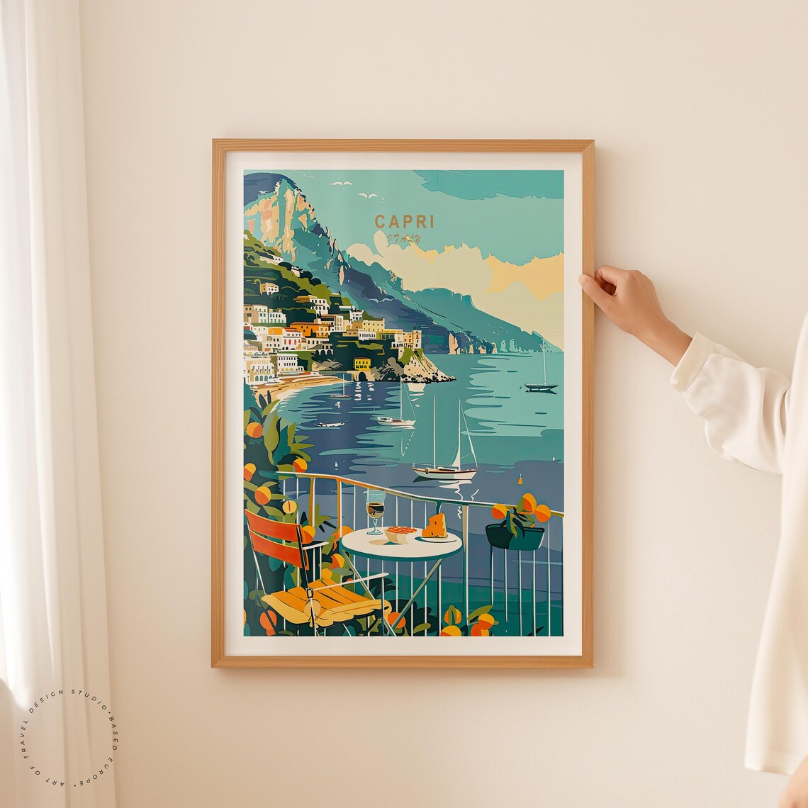 Capri Italy Bay Balcony Wine Sailboats Coastal View Travel Poster - Image 2