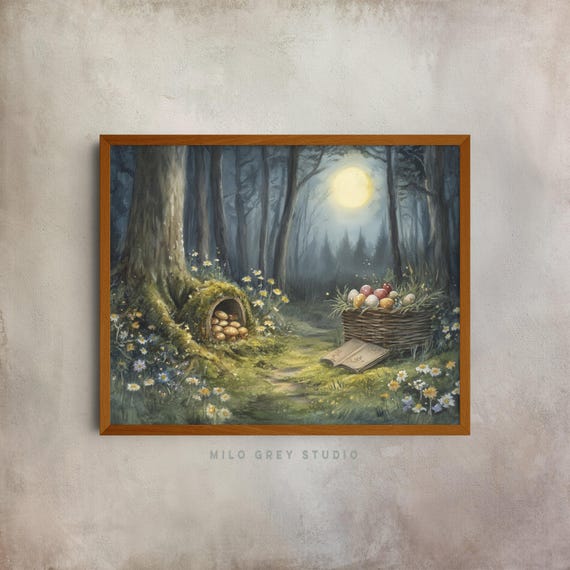 Easter Forest Wall Art Nighttime Easter Egg Hunt Art Whimsical Nature Easter Poster