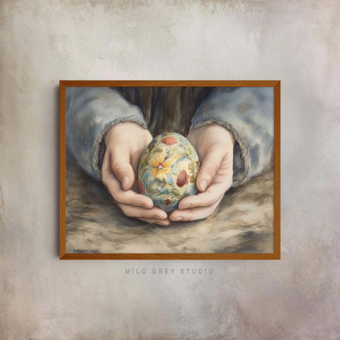 Hands Holding Hand-Painted Floral Easter Egg Watercolor Spring Poster