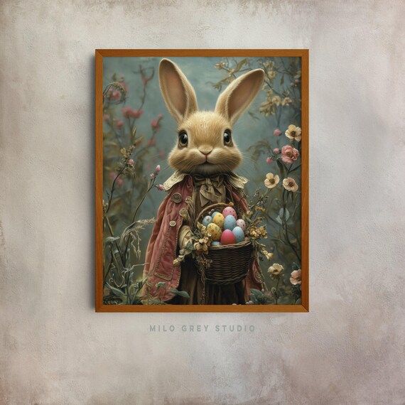 Sweet Bunny In Cloak Holding Basket Of Colorful Easter Eggs Poster