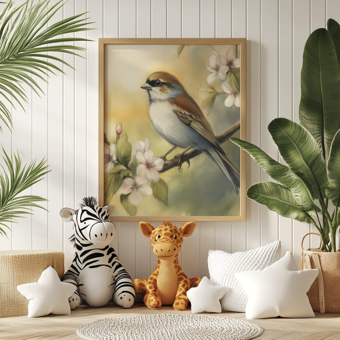 Watercolor Sparrow Perched On White Blossom Branch Spring Poster - Image 2