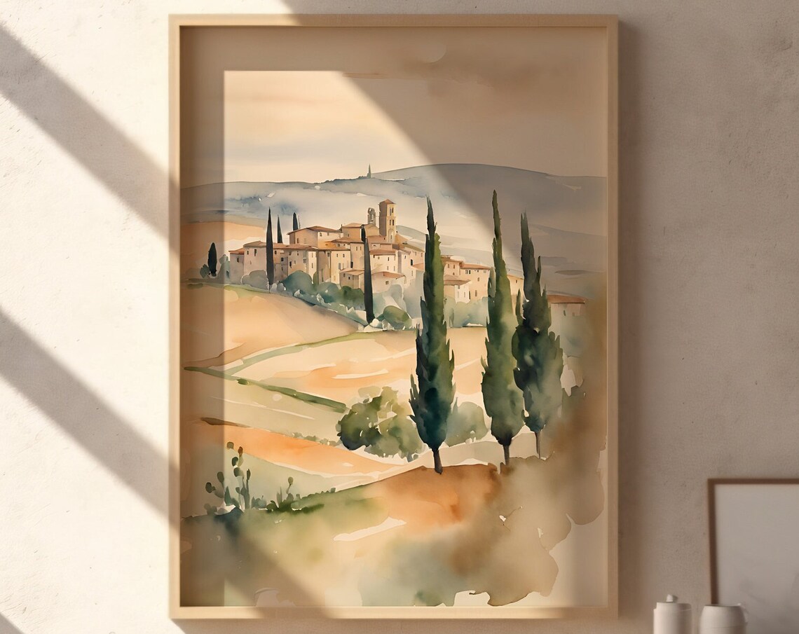 Tuscany Italian Travel Landscape Art Print, Watercolor