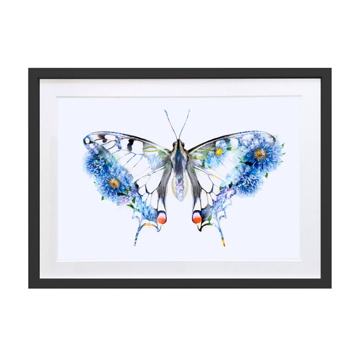 Blue Floral Swallowtail Butterfly Watercolour Framed Art Print