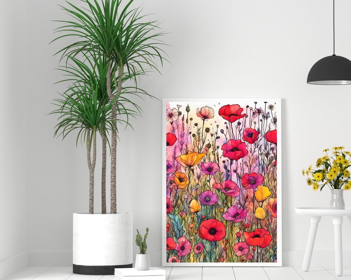 Colorful Poppy Wildflower Field Watercolor Meadow Wall Poster - Image 2