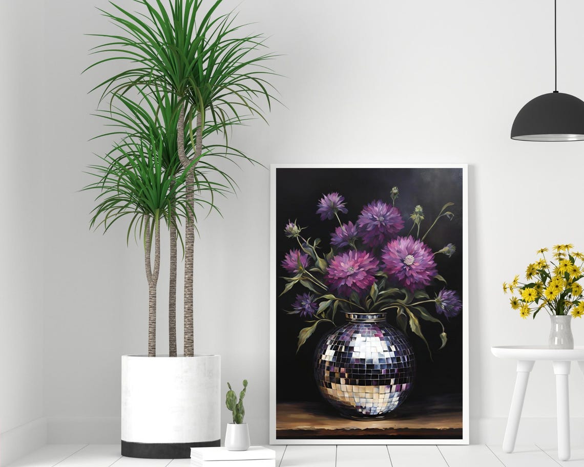 Moody Purple Asters In Disco Ball Vase Dark Floral Wall Poster - Image 2
