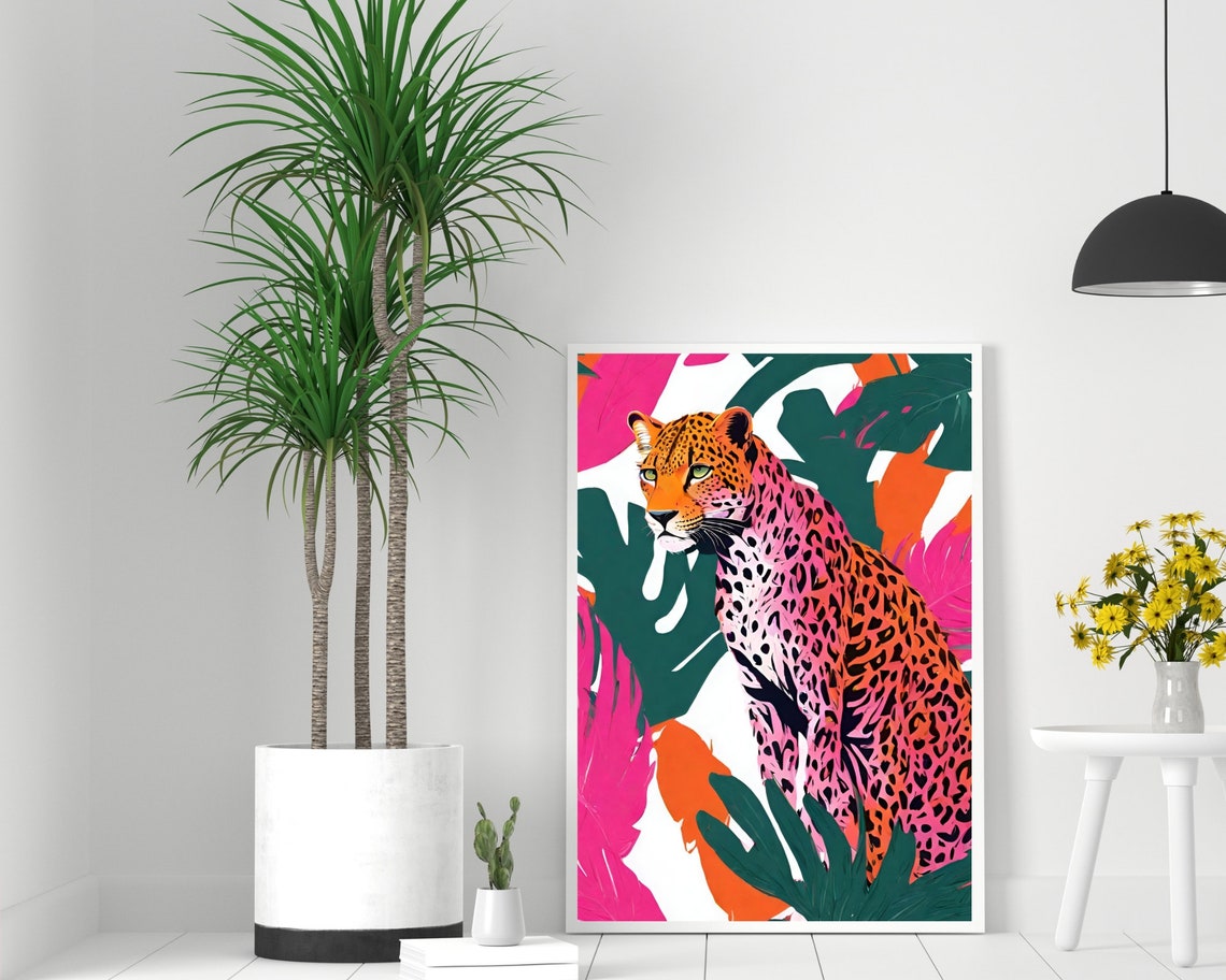 Pink Leopard Tropical Art Bold Leaf Jungle Feline Portrait Print - Image 2